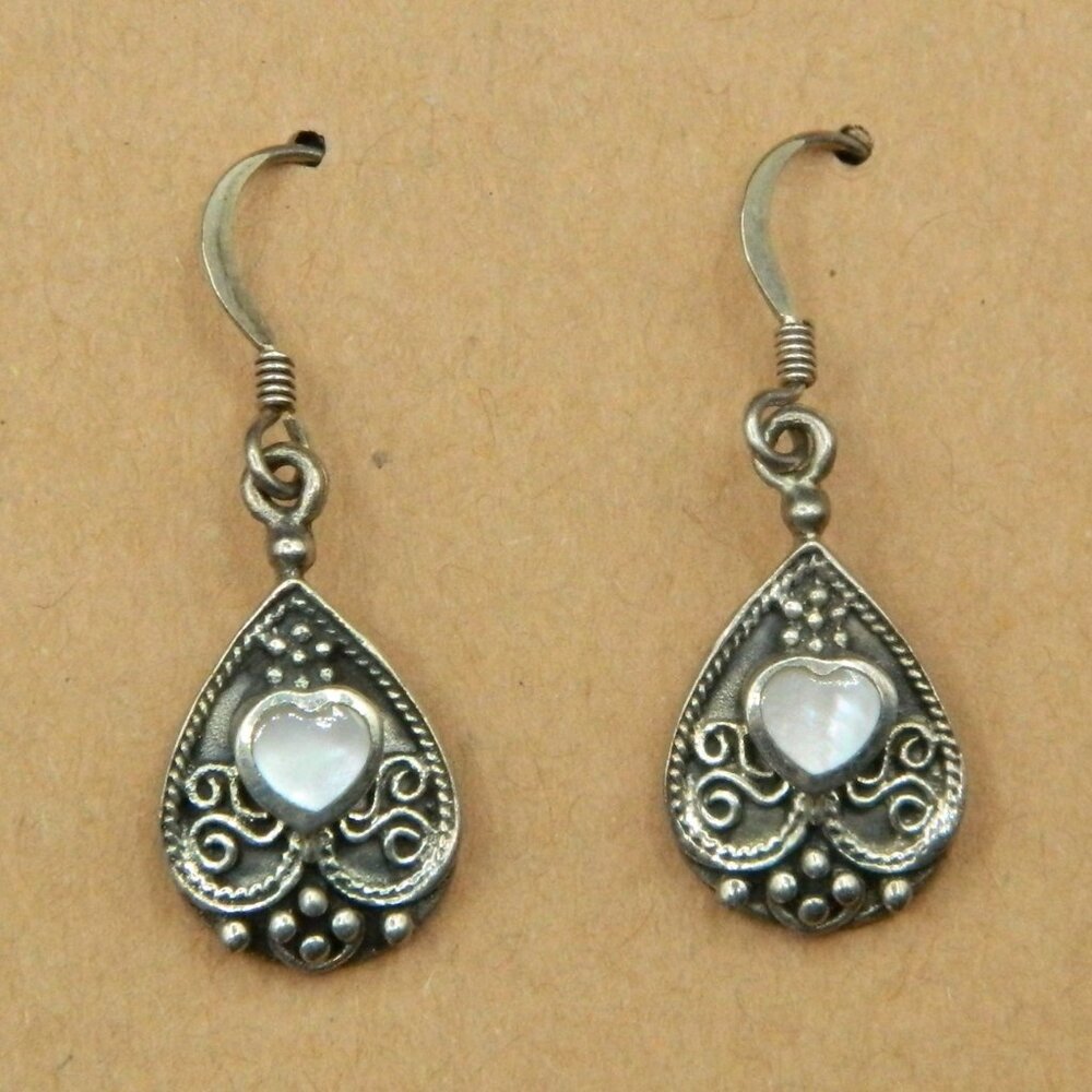 Bali Style Teardrop 925SS Earrings with Inlaid Mother of Pearl